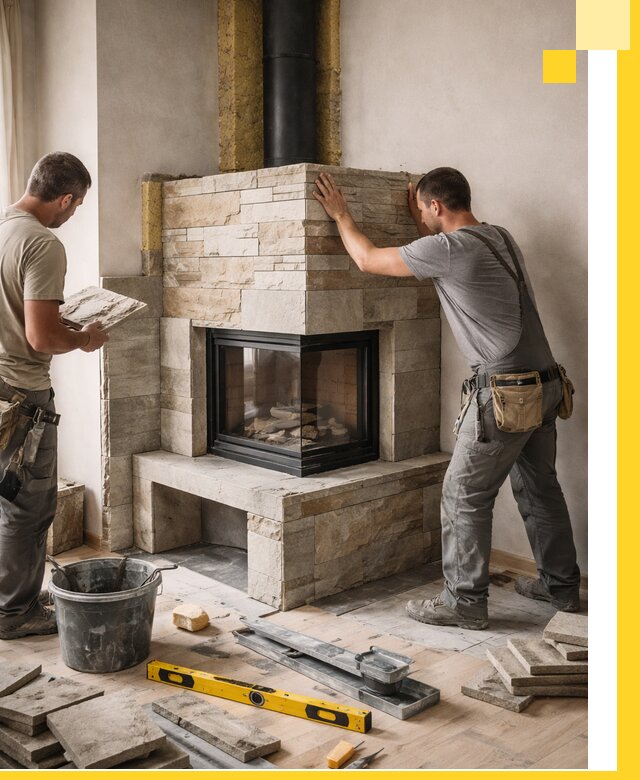 Угловые камины под ключ проект, монтаж и отделка в Юрге