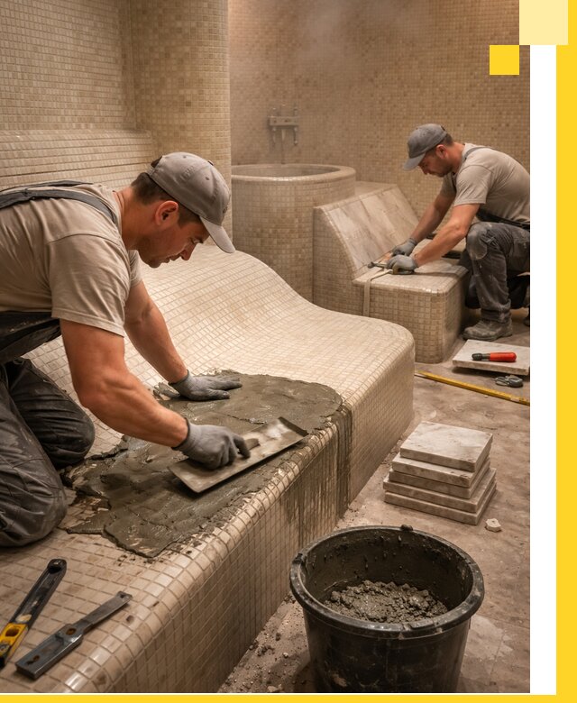 Лежаки для хамама под ключ в Юрге, проект и монтаж